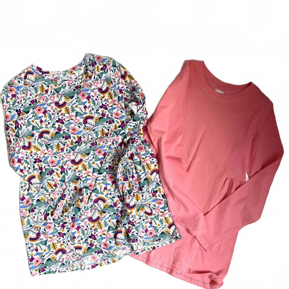 Land’s End | Girls Set of 2 Tunic Long  Shirts Coral Pink Green Maroon Size XL